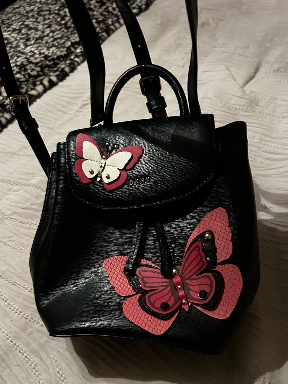 DKNY Black Backpack with Pink and white Butterfly Appliqués